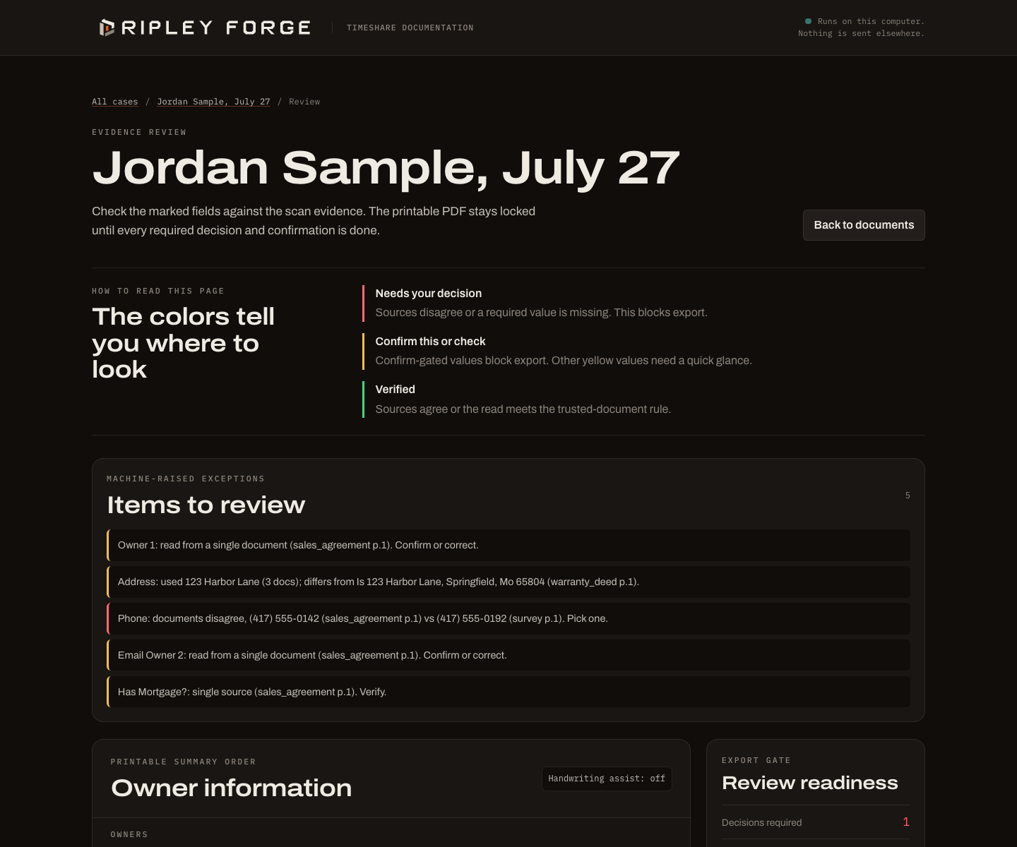 Document Review Console showing source comparisons, machine-raised exceptions, and a review-readiness gate.